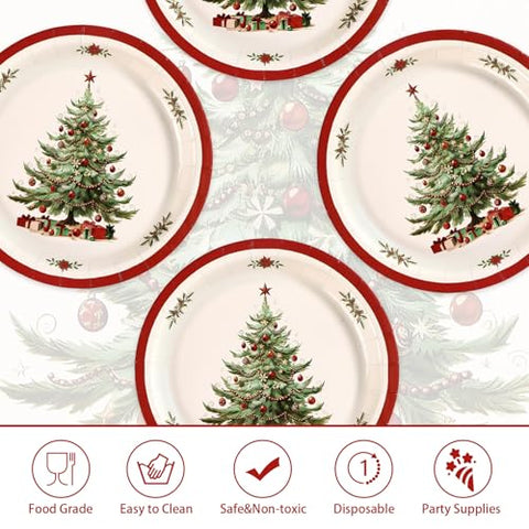 50 Pcs Red Border Christmas Trees Party Paper Plates - Grencian