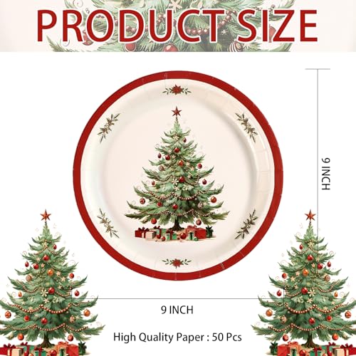 50 Pcs Red Border Christmas Trees Party Paper Plates - Grencian