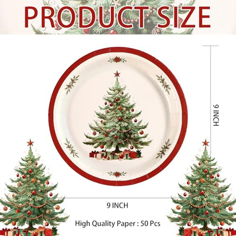 50 Pcs Red Border Christmas Trees Party Paper Plates - Grencian