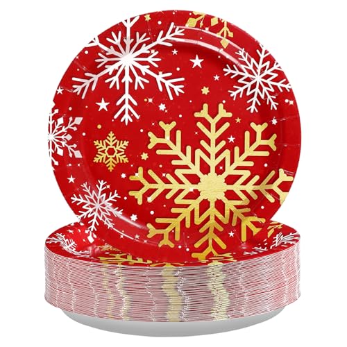 50 Pcs Red Christmas Snowflake Party Paper Plates - Grencian