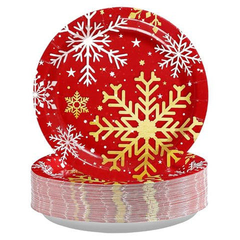 50 Pcs Red Christmas Snowflake Party Paper Plates - Grencian