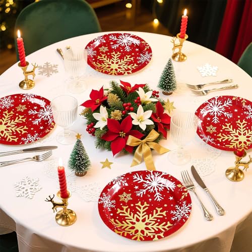 50 Pcs Red Christmas Snowflake Party Paper Plates - Grencian