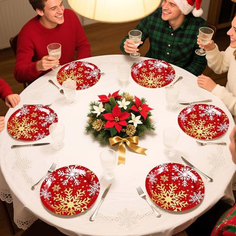 50 Pcs Red Christmas Snowflake Party Paper Plates - Grencian
