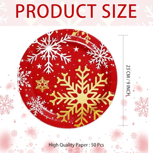 50 Pcs Red Christmas Snowflake Party Paper Plates - Grencian