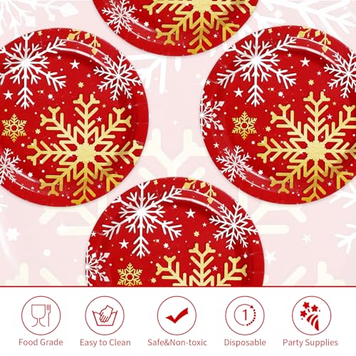 50 Pcs Red Christmas Snowflake Party Paper Plates - Grencian