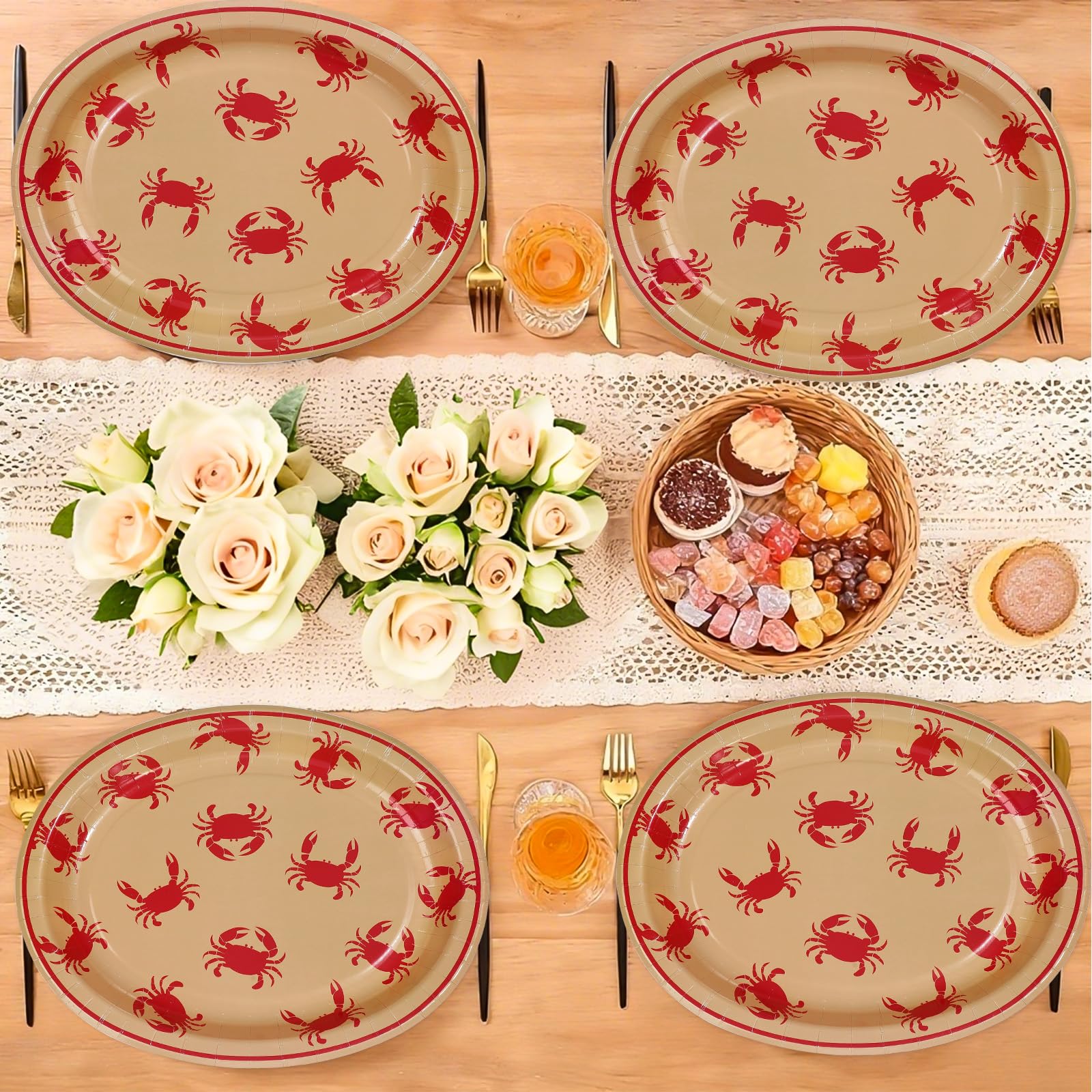 50 Pcs Red Crab Oval Paper Plates - Grencian