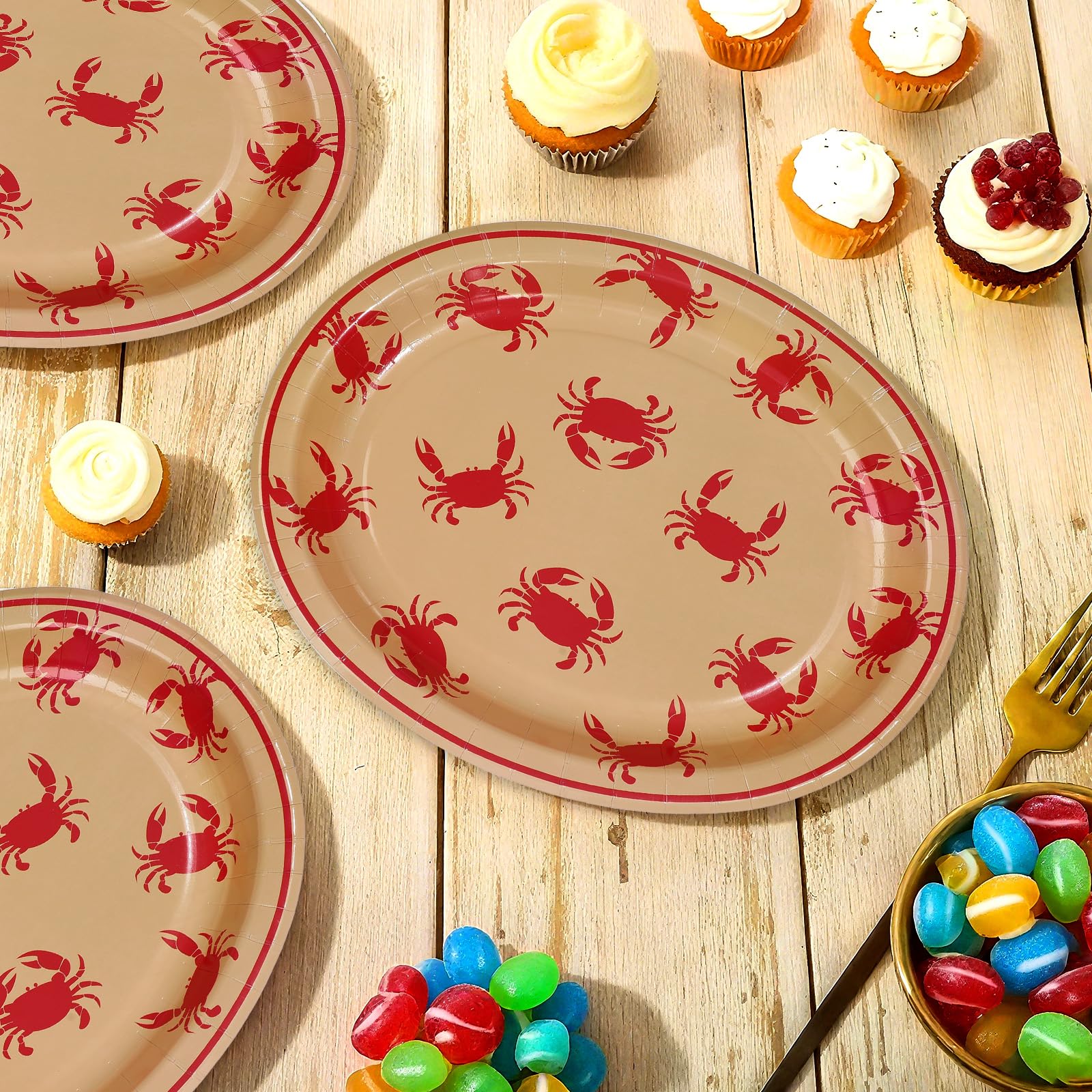 50 Pcs Red Crab Oval Paper Plates - Grencian