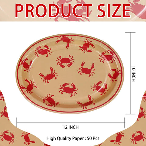 50 Pcs Red Crab Oval Paper Plates - Grencian