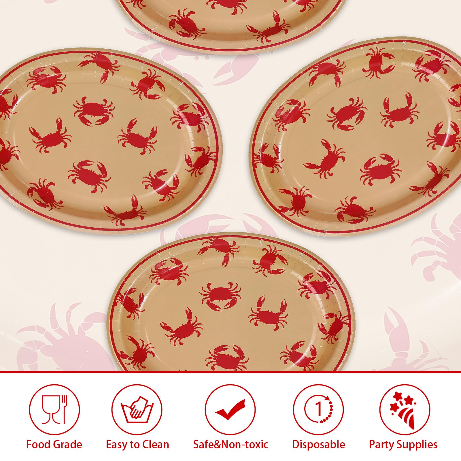 50 Pcs Red Crab Oval Paper Plates - Grencian