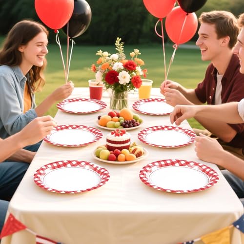 50 Pcs Red Gingham Party Paper Plates - Grencian