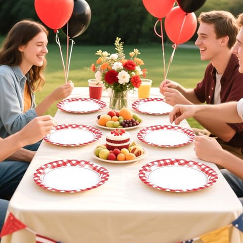 50 Pcs Red Gingham Party Paper Plates - Grencian