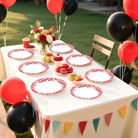 50 Pcs Red Gingham Party Paper Plates - Grencian