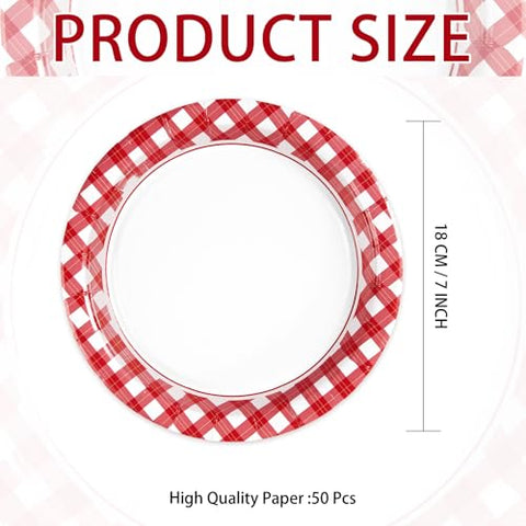 50 Pcs Red Gingham Party Paper Plates - Grencian