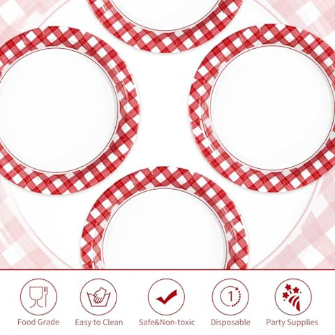 50 Pcs Red Gingham Party Paper Plates - Grencian