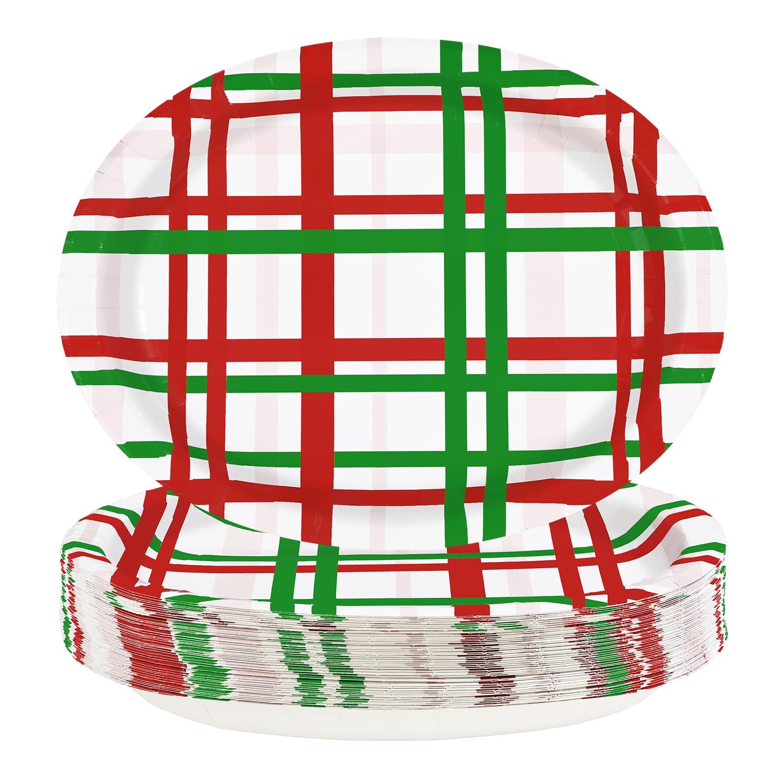 50 Pcs Red Green Buffalo Plaid Oval Paper Plates - Grencian