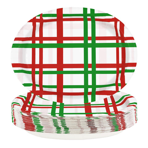 50 Pcs Red Green Buffalo Plaid Oval Paper Plates - Grencian