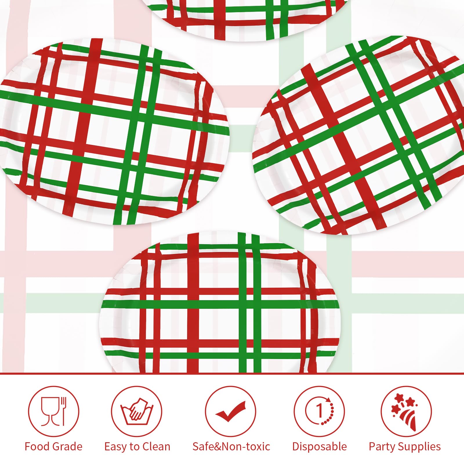 50 Pcs Red Green Buffalo Plaid Oval Paper Plates - Grencian
