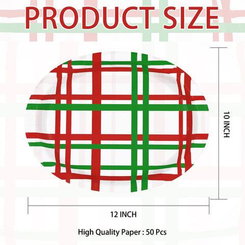 50 Pcs Red Green Buffalo Plaid Oval Paper Plates - Grencian