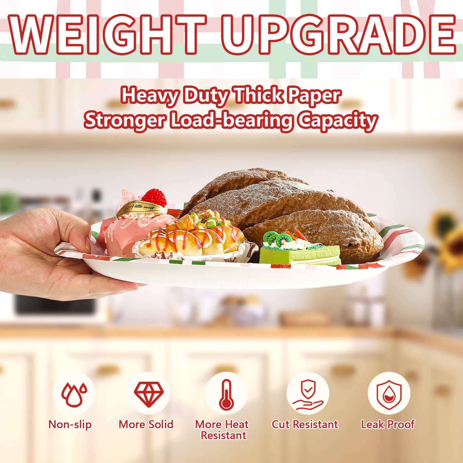 50 Pcs Red Green Buffalo Plaid Oval Paper Plates - Grencian