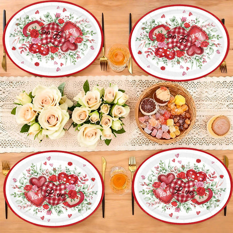 50 Pcs Red Heart Oval Party Paper Plates - Grencian