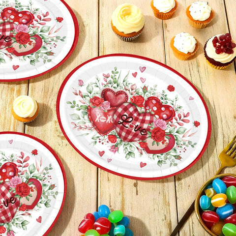 50 Pcs Red Heart Oval Party Paper Plates - Grencian