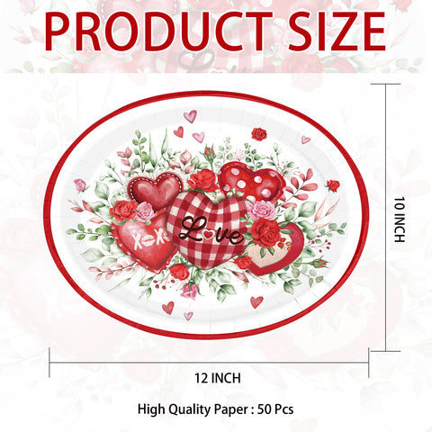 50 Pcs Red Heart Oval Party Paper Plates - Grencian