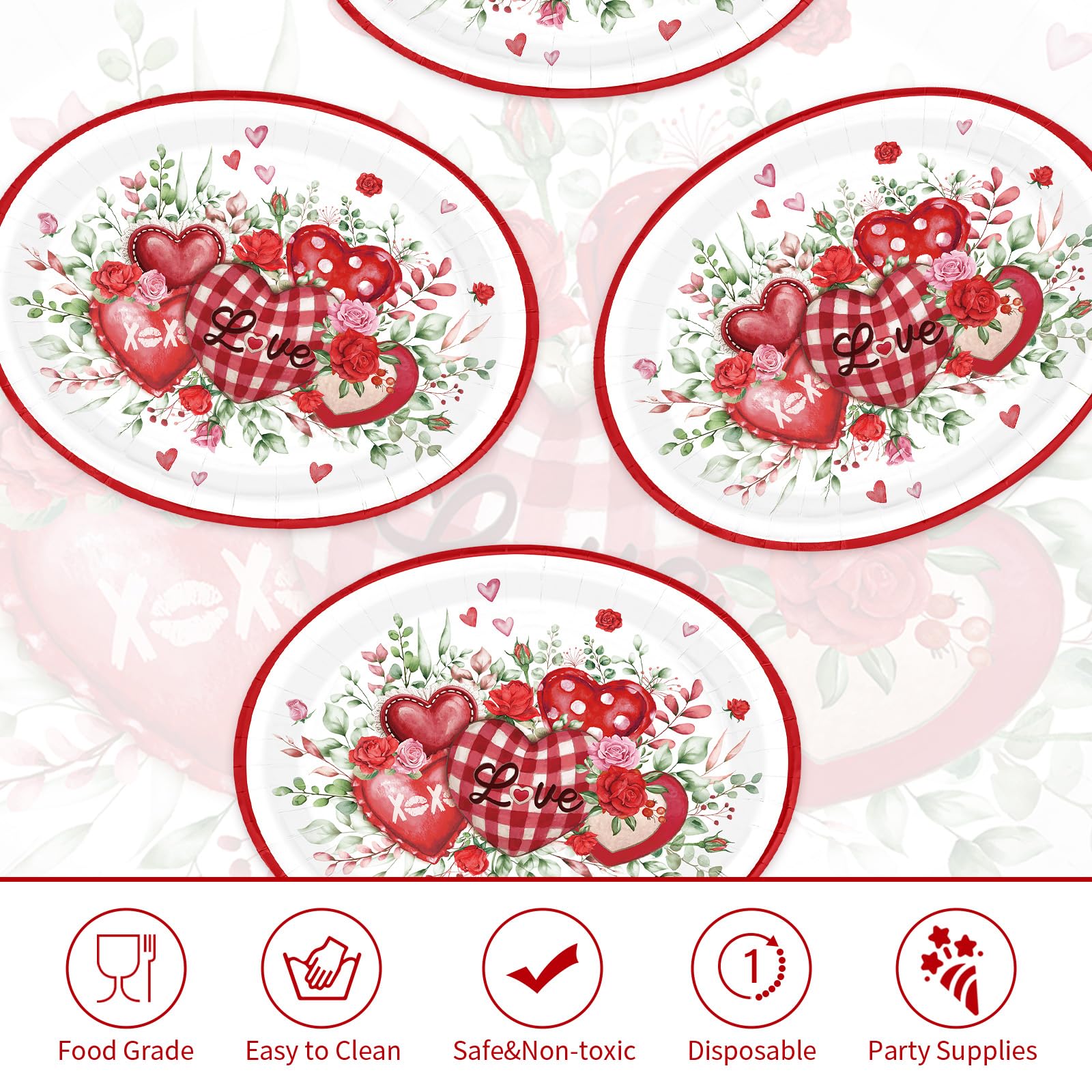 50 Pcs Red Heart Oval Party Paper Plates - Grencian