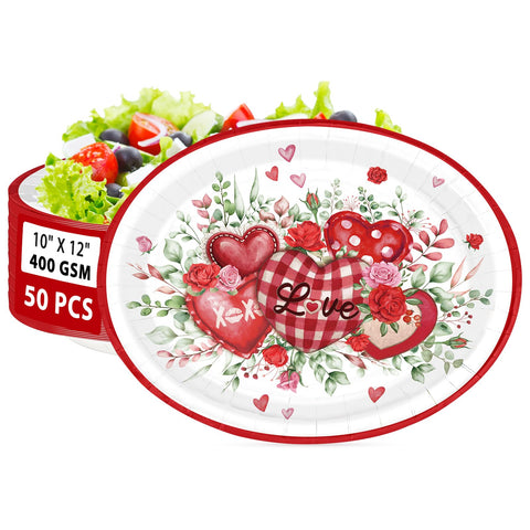 50 Pcs Red Heart Oval Party Paper Plates - Grencian