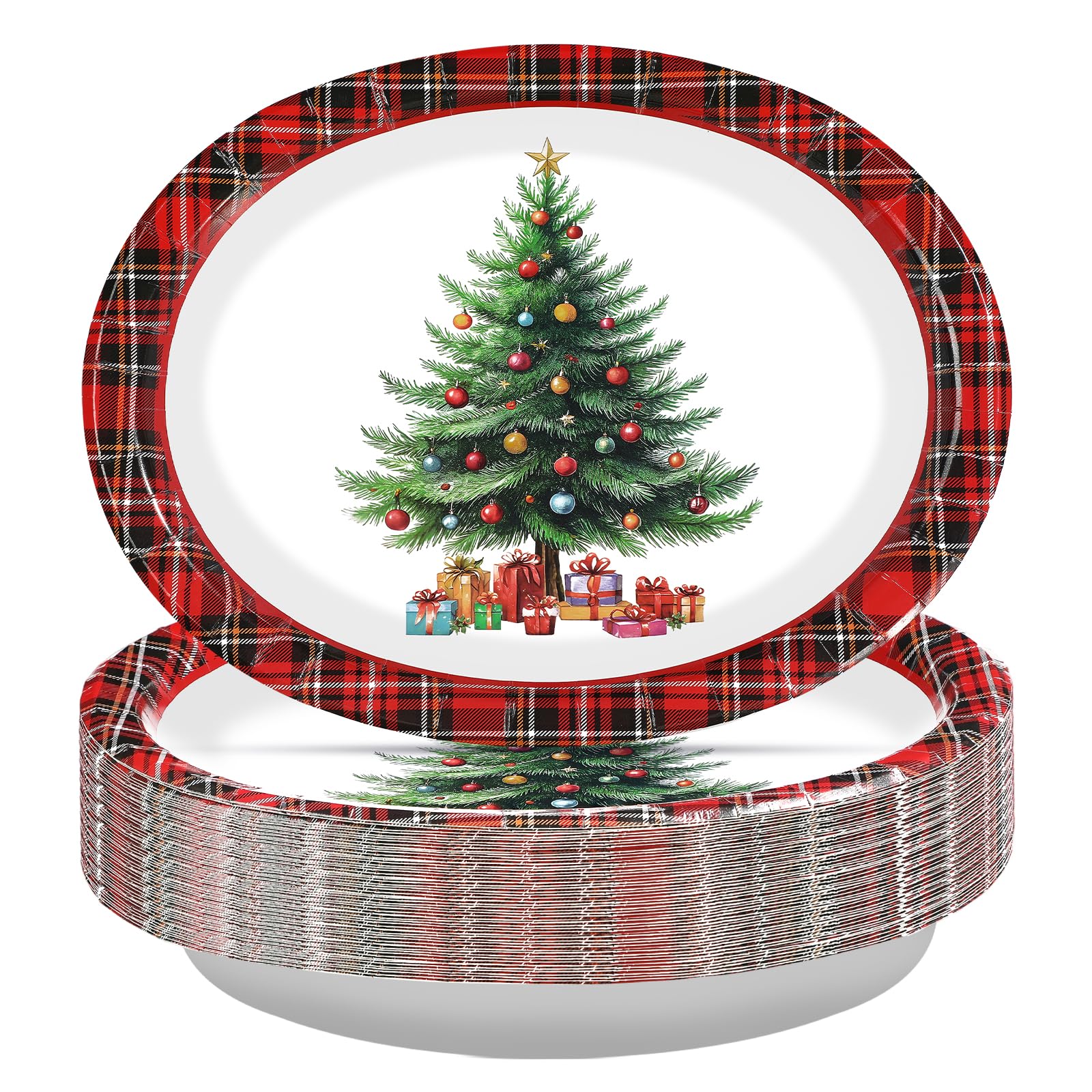 50 Pcs Red Plaid Xmas Tree Oval Paper Plates - Grencian