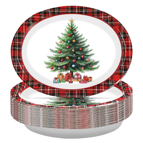 50 Pcs Red Plaid Xmas Tree Oval Paper Plates - Grencian