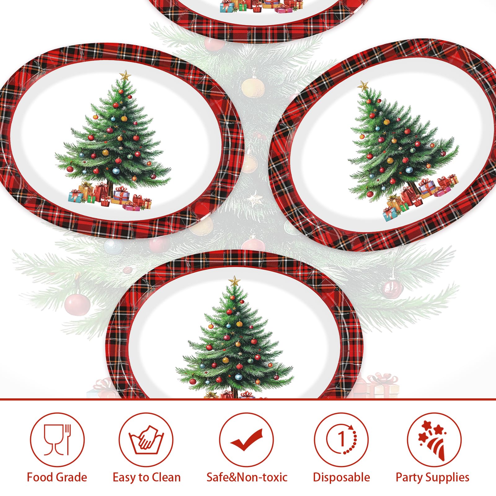 50 Pcs Red Plaid Xmas Tree Oval Paper Plates - Grencian