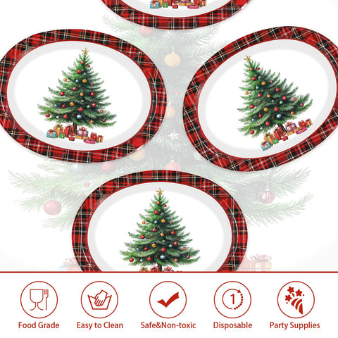 50 Pcs Red Plaid Xmas Tree Oval Paper Plates - Grencian
