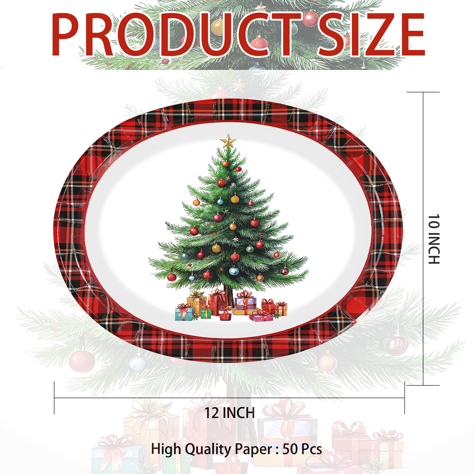 50 Pcs Red Plaid Xmas Tree Oval Paper Plates - Grencian