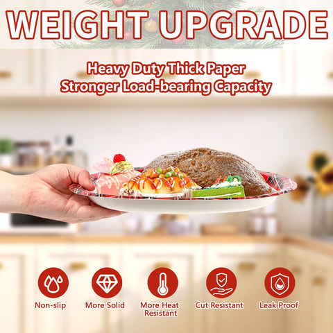 50 Pcs Red Plaid Xmas Tree Oval Paper Plates - Grencian