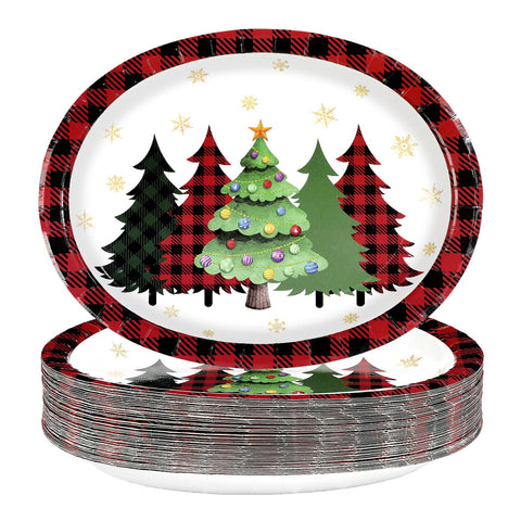 50 Pcs Red Plaid Xmas Trees Oval Paper Plates - Grencian