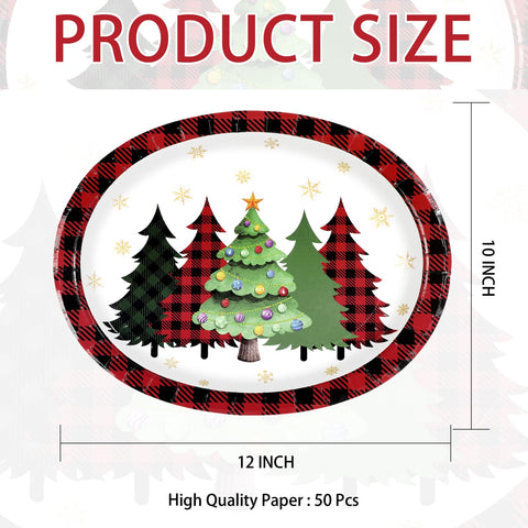50 Pcs Red Plaid Xmas Trees Oval Paper Plates - Grencian