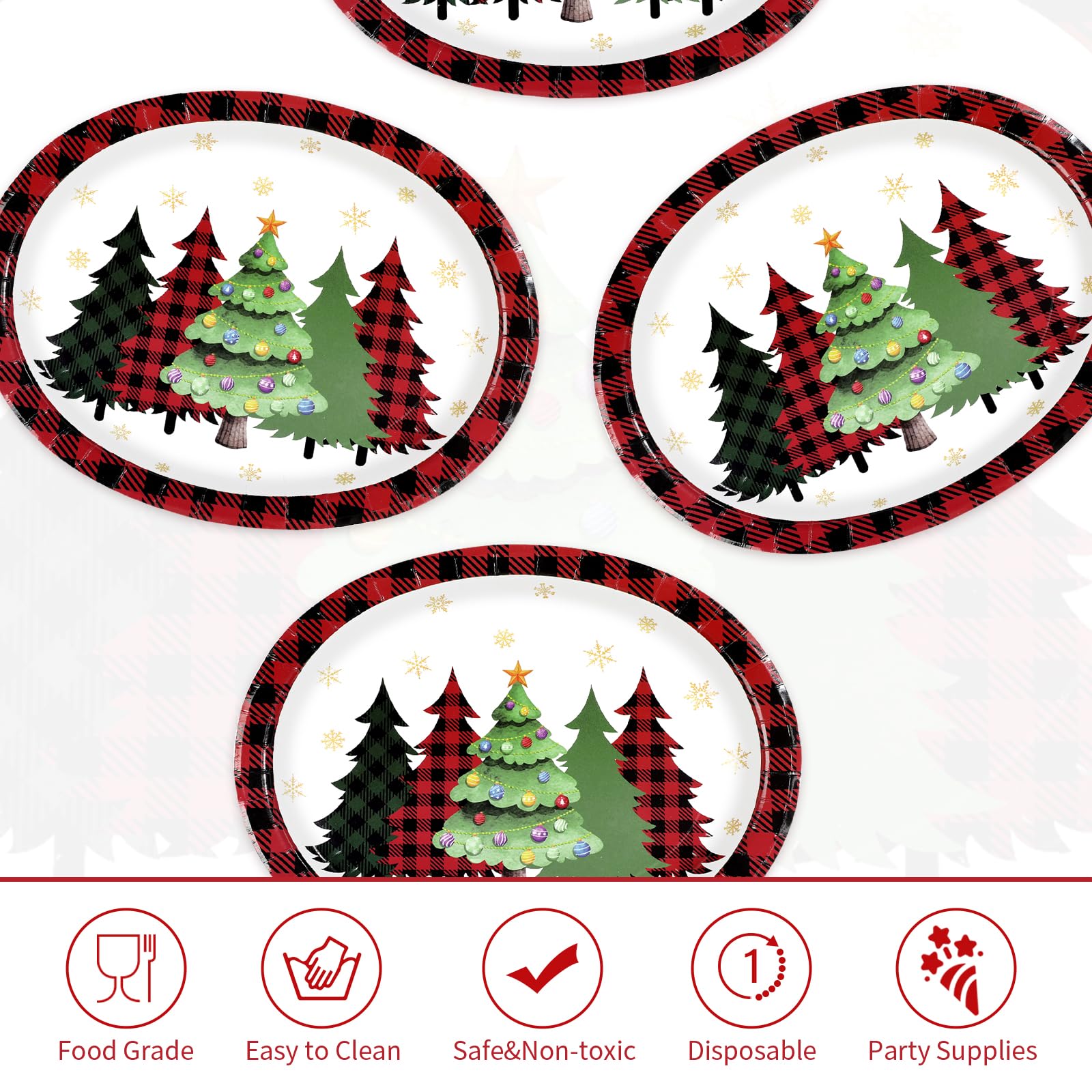 50 Pcs Red Plaid Xmas Trees Oval Paper Plates - Grencian