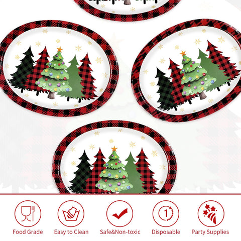 50 Pcs Red Plaid Xmas Trees Oval Paper Plates - Grencian