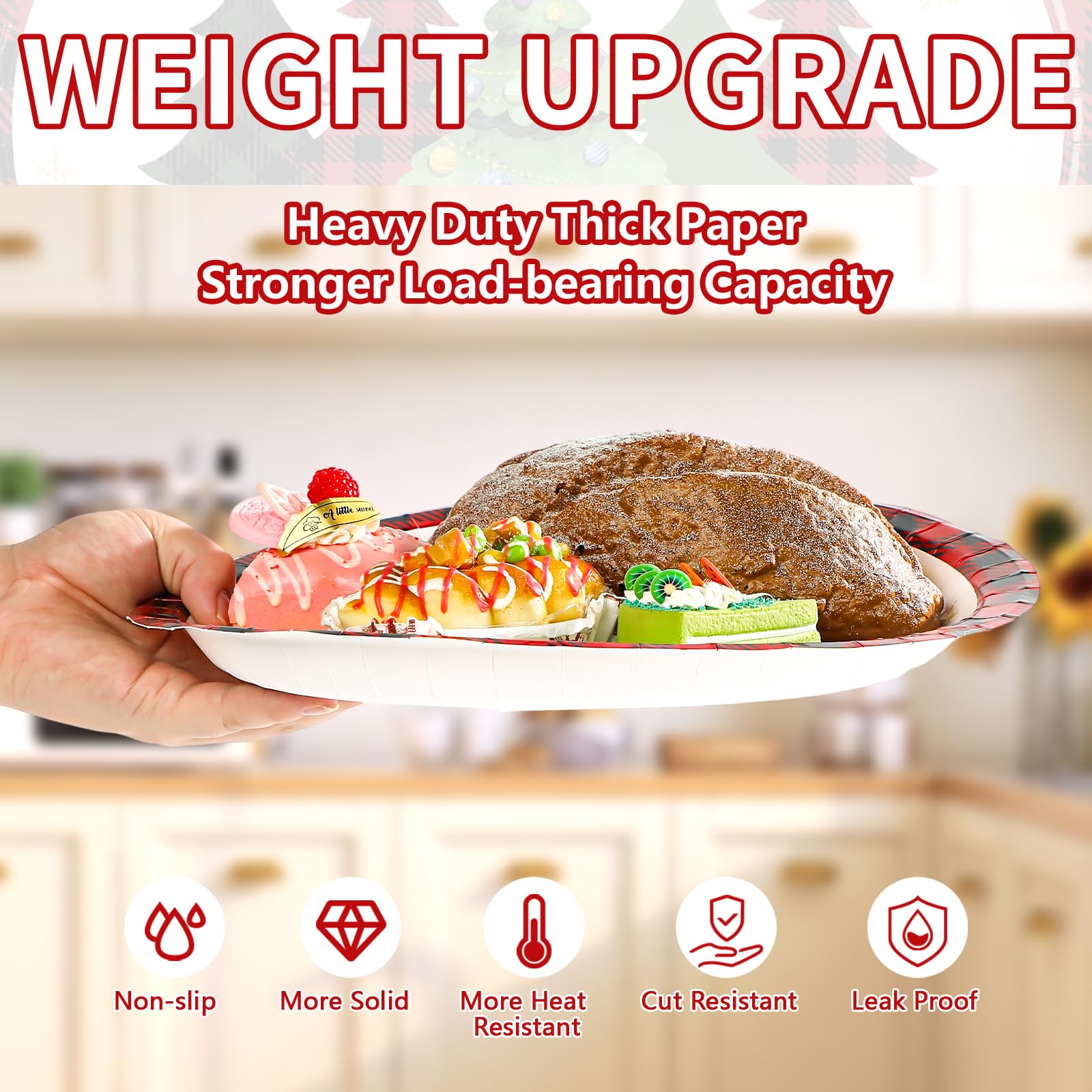 50 Pcs Red Plaid Xmas Trees Oval Paper Plates - Grencian