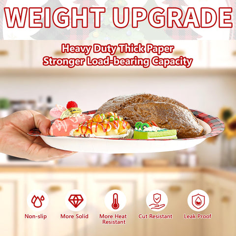 50 Pcs Red Plaid Xmas Trees Oval Paper Plates - Grencian