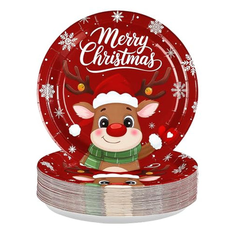 50 Pcs Red Reindeer Party Paper Plates - Grencian