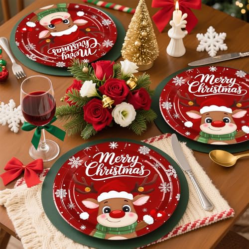 50 Pcs Red Reindeer Party Paper Plates - Grencian