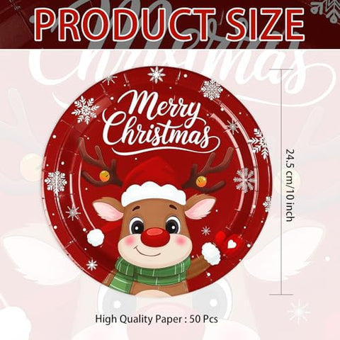50 Pcs Red Reindeer Party Paper Plates - Grencian