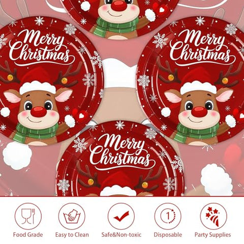 50 Pcs Red Reindeer Party Paper Plates - Grencian