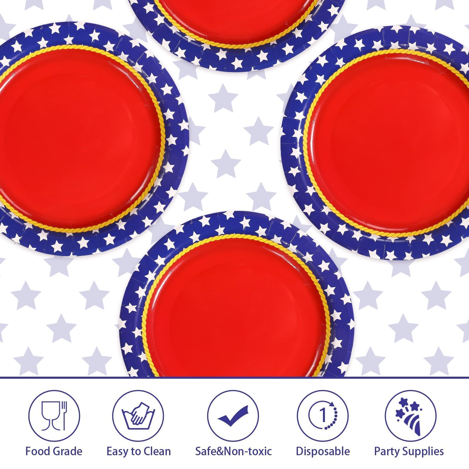 50 Pcs Red Wite Star Party Paper Plates - Grencian