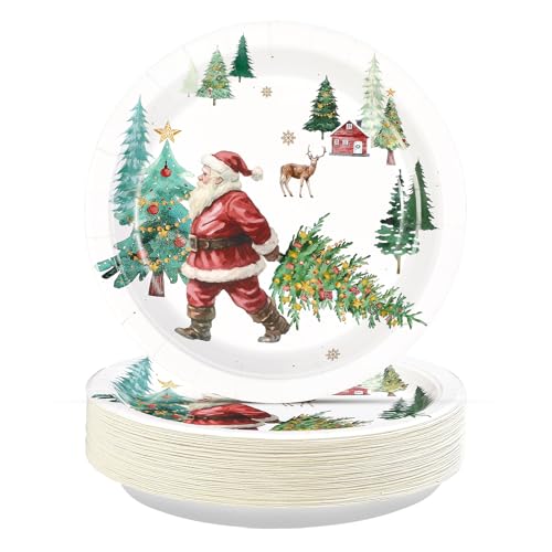 50 Pcs Santa Claus and Tree Party Paper Plates - Grencian
