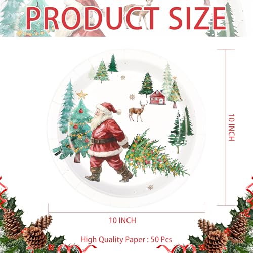 50 Pcs Santa Claus and Tree Party Paper Plates - Grencian