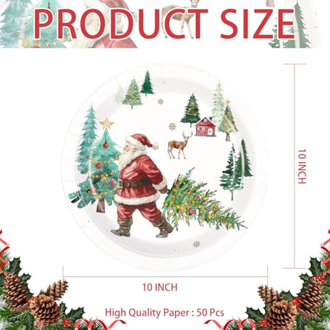 50 Pcs Santa Claus and Tree Party Paper Plates - Grencian