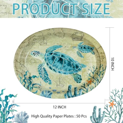 50 Pcs Sea Turtles Oval Party Paper Plates - Grencian