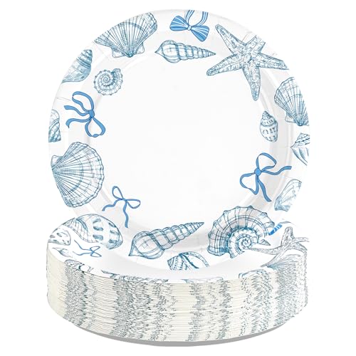 50 Pcs 10-inch Seashell and Bow Party Paper Plates - Grencian